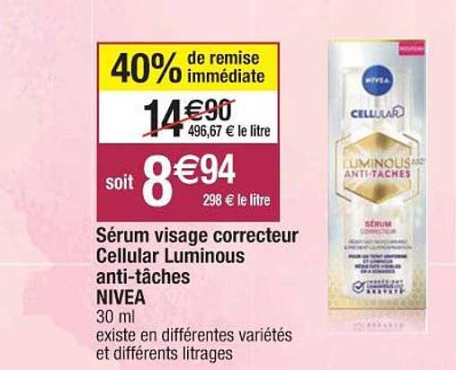sérum visage correcteur cellular luminous anti-tâches nivea