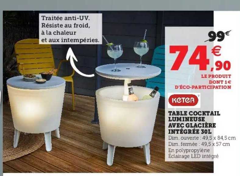 table cocktail lumineuse avec glacière intégrée 30 l keter
