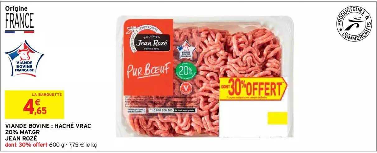 viande bovine : haché vrac 20% mat.gr jean rozé