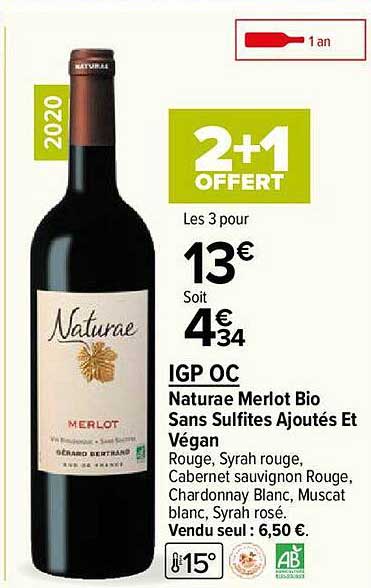 igp oc naturae merlot bio sans sulfites ajoutés et végan