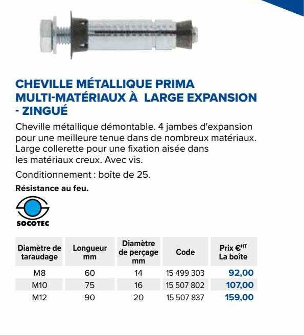 cheville métallique prima multi-matériaux à large expansion  - zingué