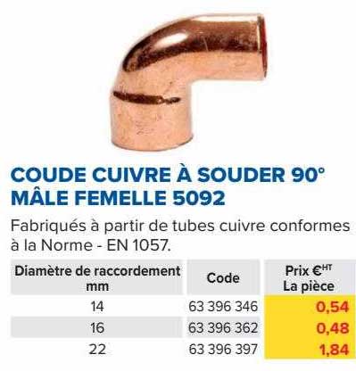 coude cuivre à souder 90° mâle femelle 5092