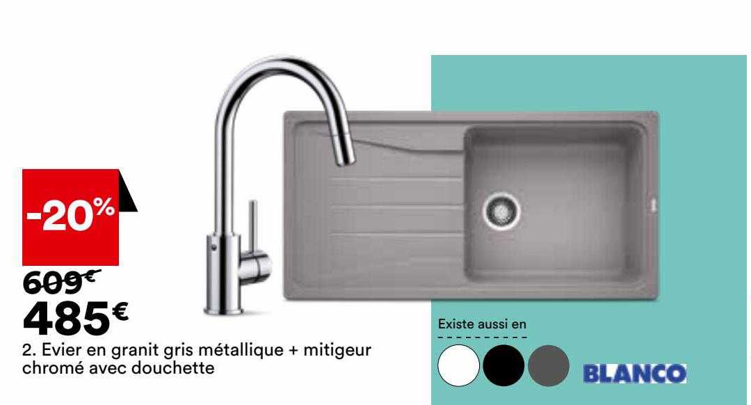 evier en granit gris métallique + mitigeur chromé avec douchette blanco