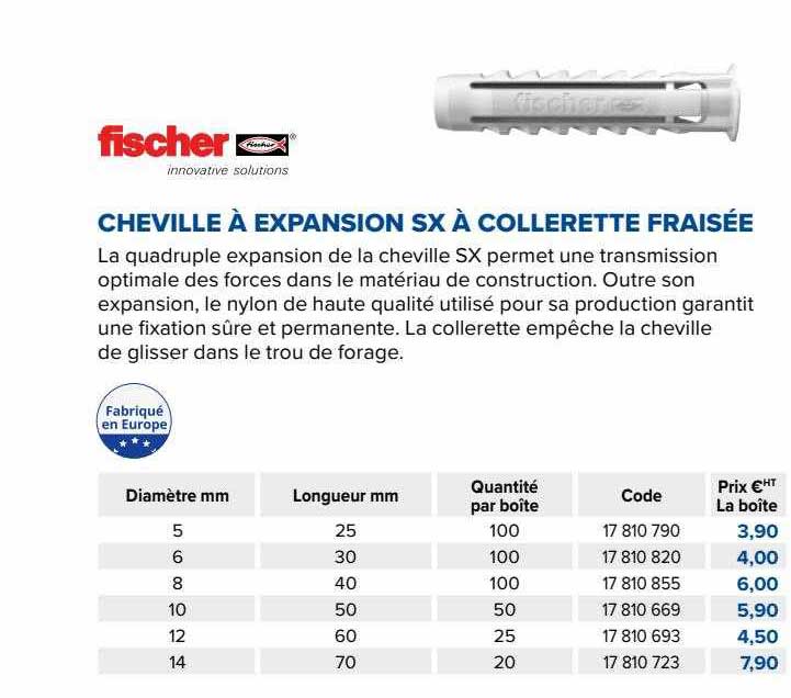 fischer cheville à expansion sx à collerette fraisée