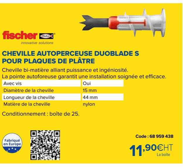 fischer cheville autoperceuse duoblade s pour plaques de plâtre