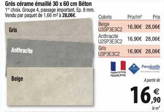 grés cérame émaillé 30 x 60 cm béton