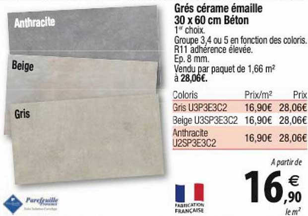 grés cérame émaillé 30 x 60 cm béton