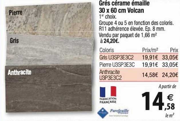 grés cérame émaillé 30 x 60 cm volcan