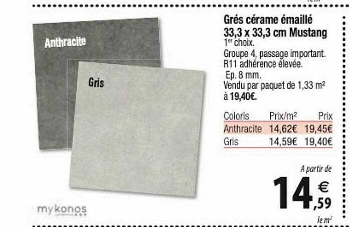 grés cérame émaillé 33,3 x 33,3 cm mustang