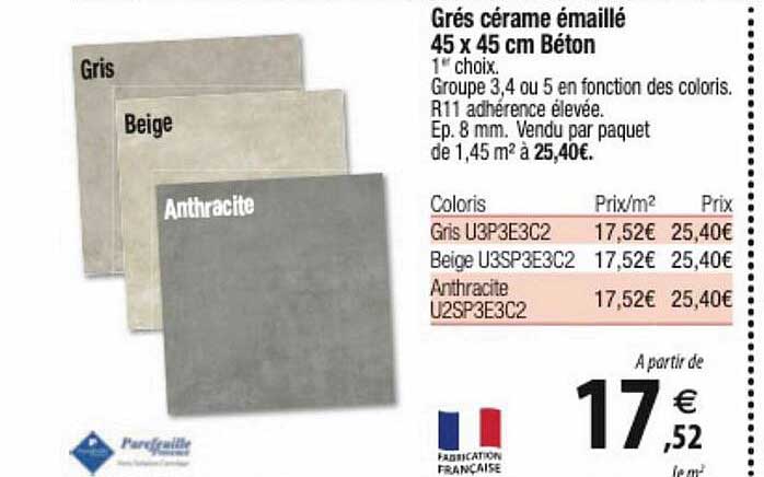 grés cérame émaillé 45 x 45 cm béton