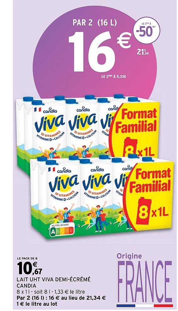 Lait Uht Viva Demi-écrémé Candia