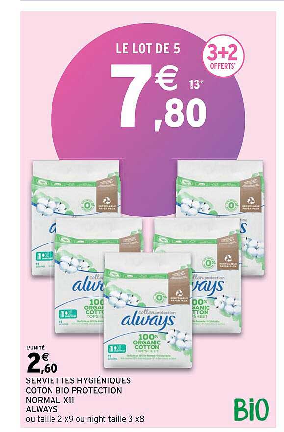 serviettes hygiéniques coton bio protection normal always