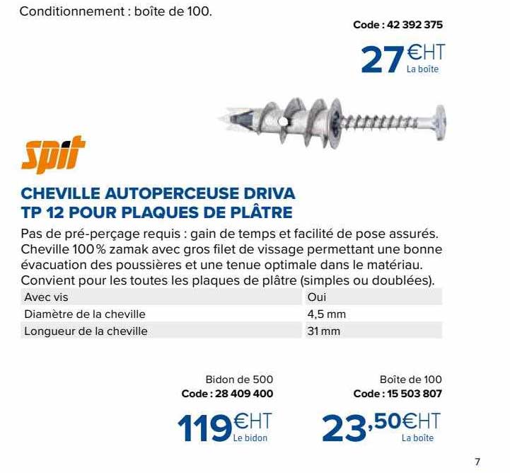 spit cheville autoperceuse driva tp  12 pour plaques de plâtre