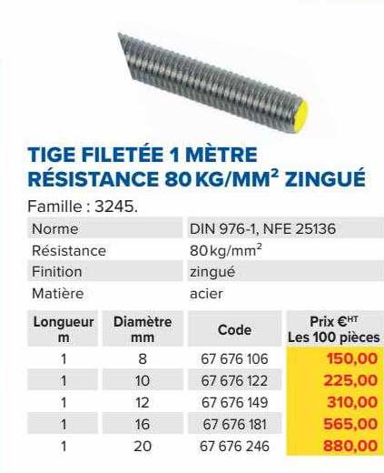 tige filetée 1 mètre résistance 80kg-mm² zingué