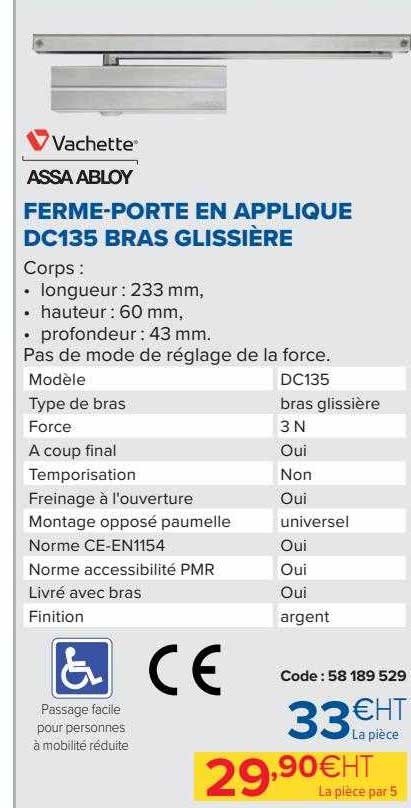 vachette assa abloy ferme-porte en applique dc135 bras glissière