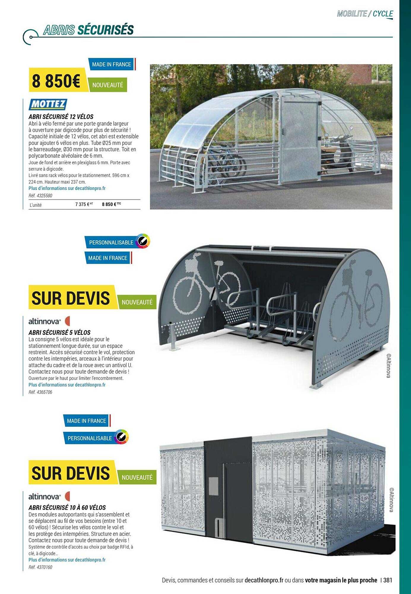 abri sécirisé 12 vélos mottez, abri sécurisé 5 vélos altinnova, abri sécurisée 10 à 60 vélos altinnova