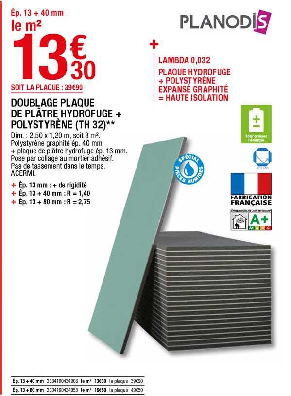 doublage plaque de plâtre hydrofuge + polystyrène (th 32) planodis