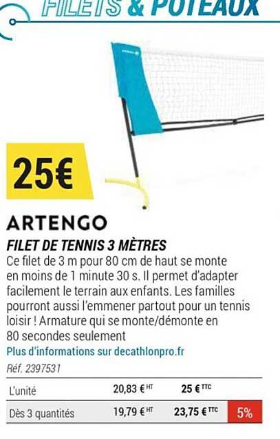 filet de tennis 3 mètres artengo