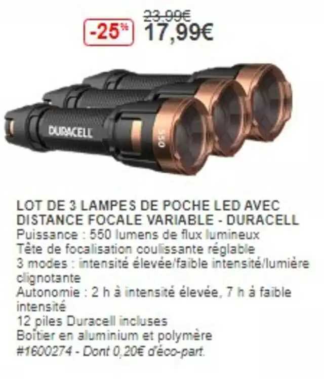 lot de 3 lampes de poche led avec distance focales variable duracell