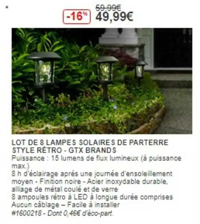 lot de 8 lampes solaire de parterre style retro gtx brands