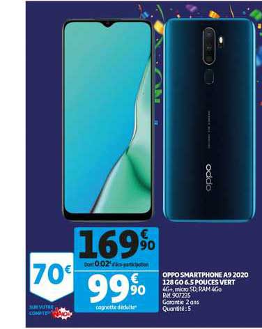 oppo smartphone a9 2020 128 go 6.5 pouces vert
