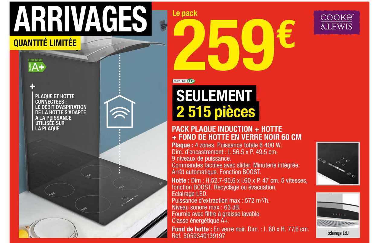 pack plaque induction + hotte + fond de hotte en verre noir 60 cm cooke&lewis