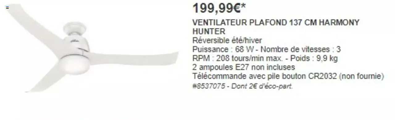 ventilateur plafond 137 cm harmony hunter
