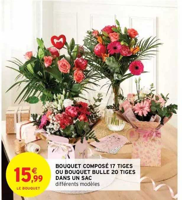bouquet composé 17 tiges ou bouquet bulle 20 tiges dans un sac