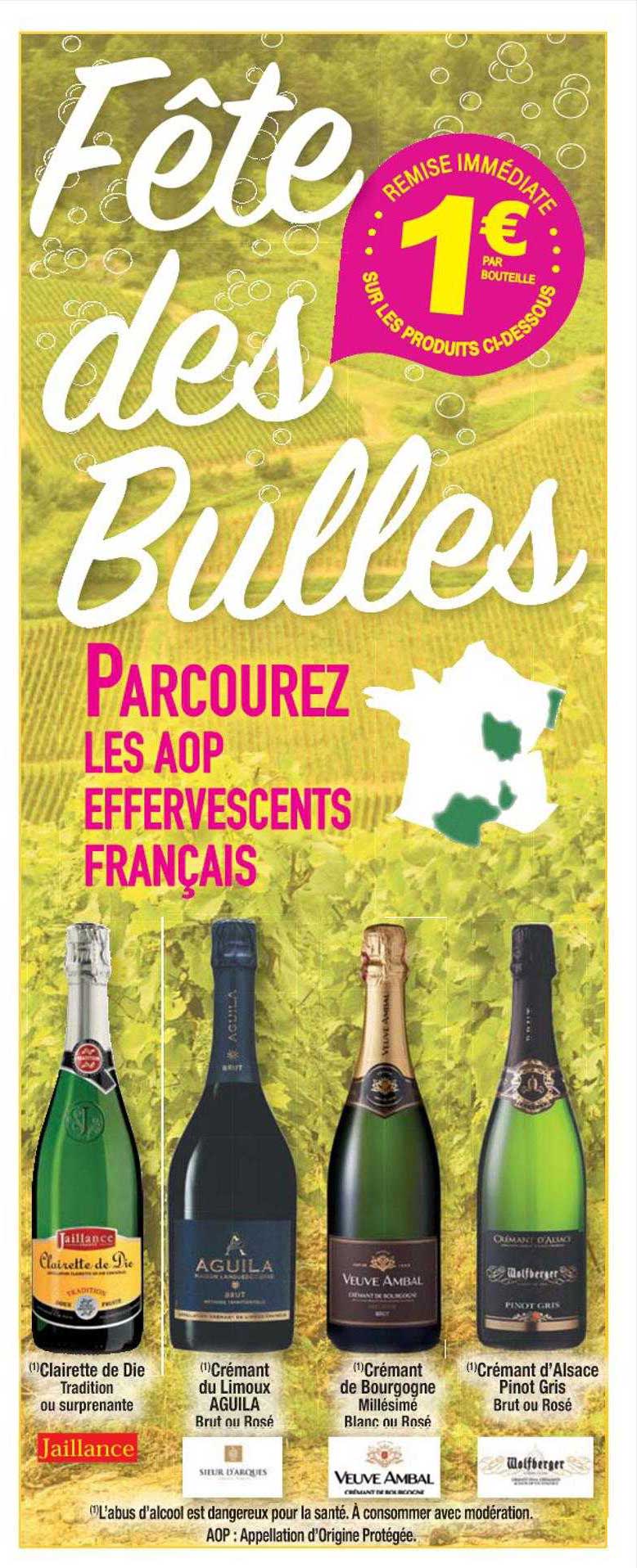 clairette de die tradition ou surprenante, crémant du limoux aguila brut ou rosé, crémant de bourgogne millésimé blanc ou rosé, crémant d'alsace pinot gris brut ou rosé