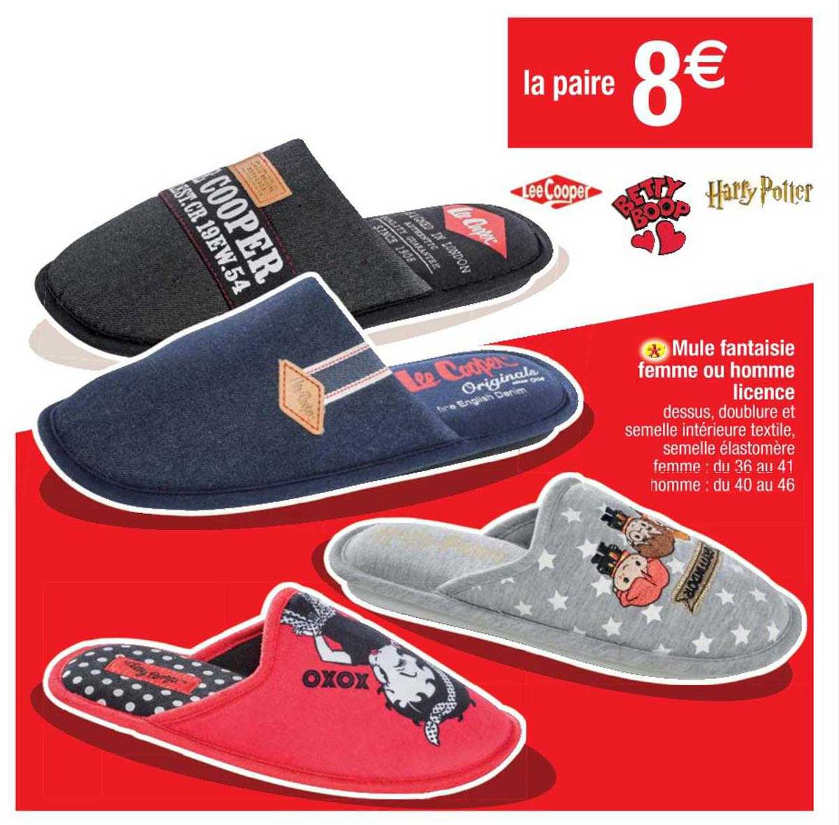mule fantaisie femme ou homme licence lee cooper, betty boop, harry patter