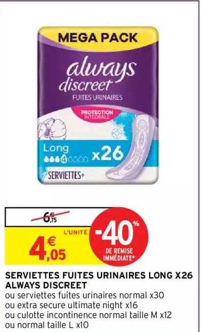 serviettes fuites urinaires long x26 Always discret