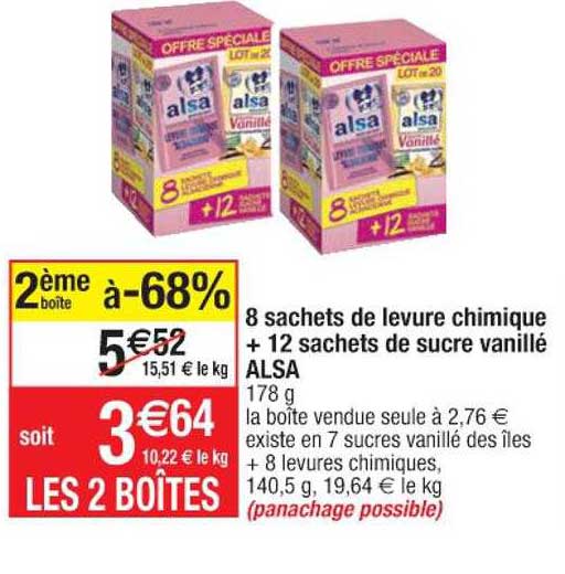 8 sachets de levure chimique + 12 sachets de sucre vanillé alsa