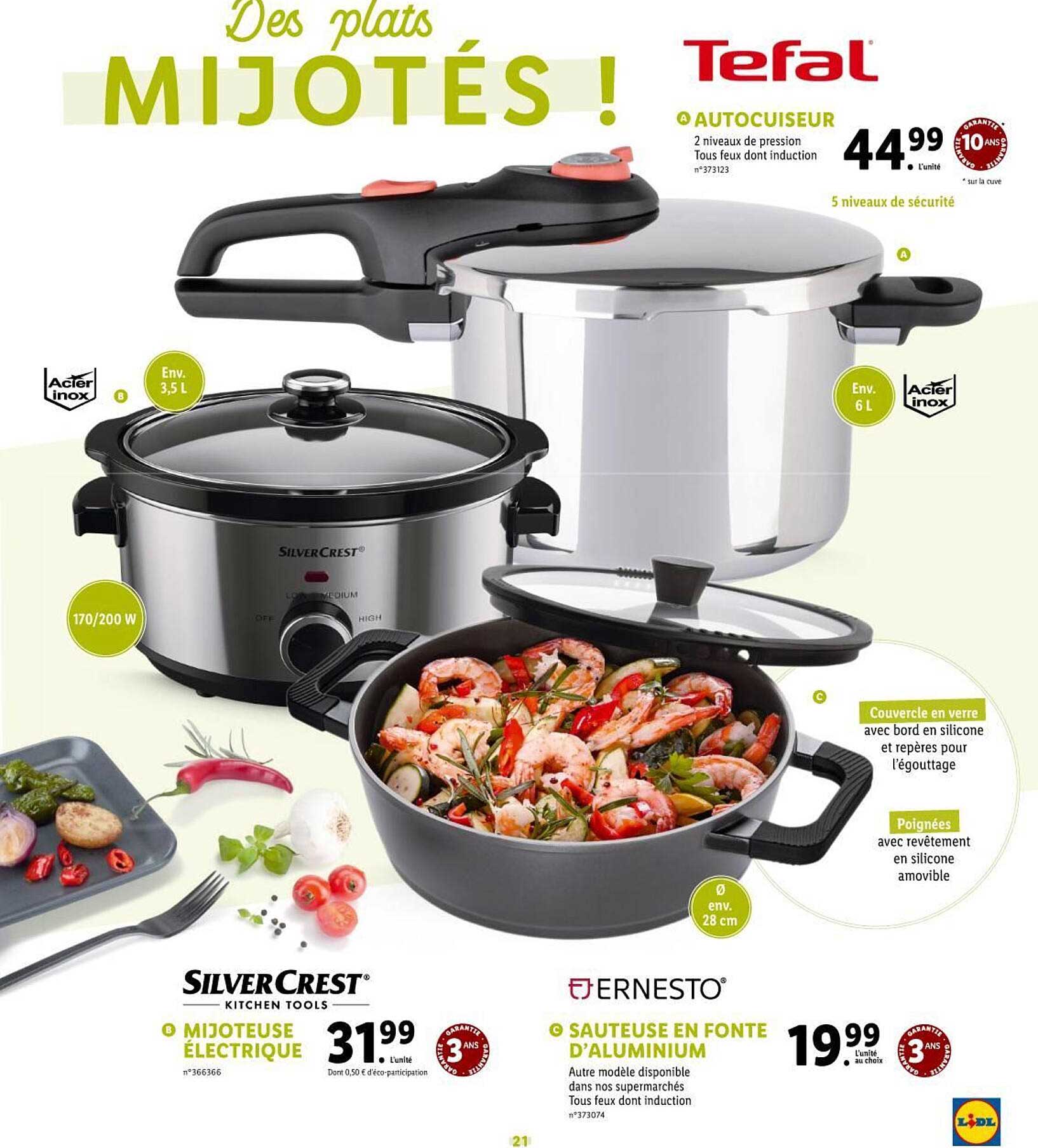 mijoteuse électrique silver crest, sauteuse en fonte d'aluminium ernesto, autocuiseur tefal