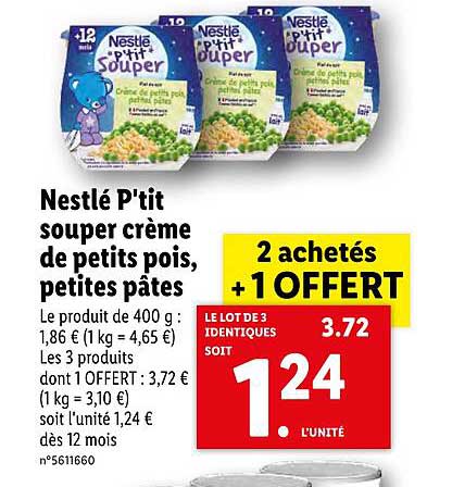 nestlé p'tit souper crème de petits pois, petites pâtes
