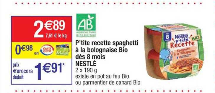 p'tite recette spaghetti à la bolognaise bio dès 8 mois nestlé