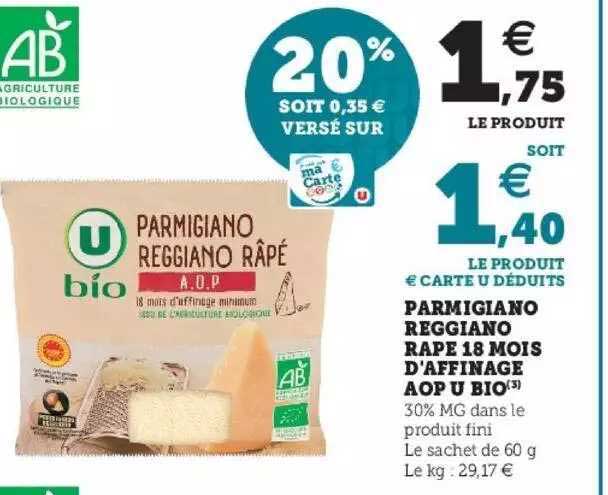 parmigiano reggiano râpé 18 mois d'affinage aop u bio