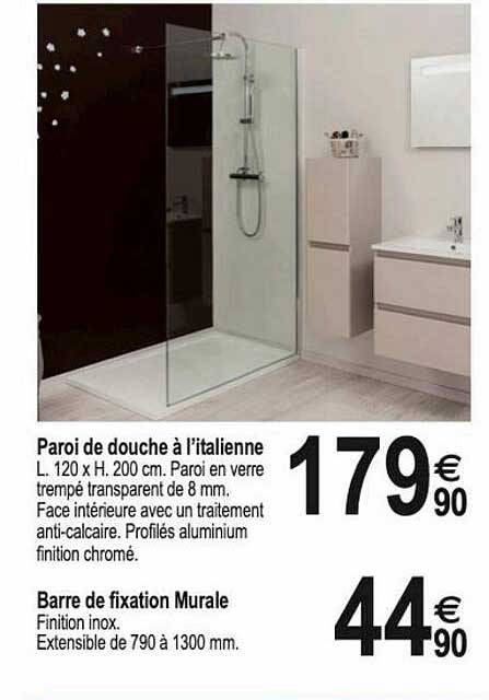 paroi de douche à l'italienne, barre de fixation murale