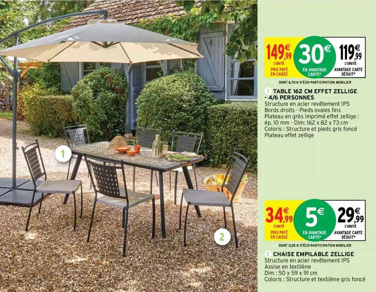 table 162 cm effet zellige -4-6 personnes, chaise empliable zellige