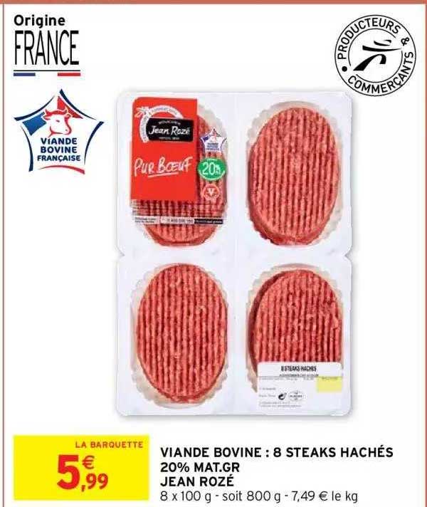 viande bovine : 8 steaks hachés 20% mat.gr. jean rozé
