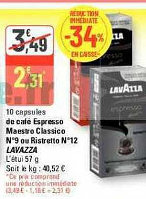 10 capsules de café espresso maestro classico n°9 ou ristretto n°12 lavazza