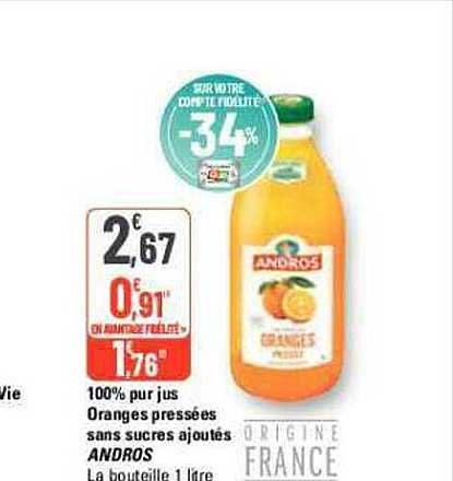 100% Pur Jus Oranges Pressées Sans Sucres Ajoutés Andros