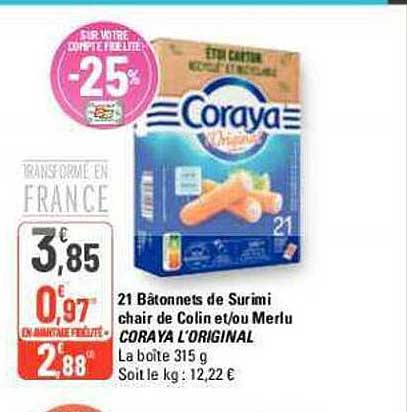 21 bâtonnets de surimi chair de colin et-ou merlu coraya l'original