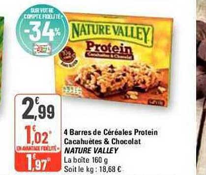 4 barres de céréales protein cacahuètes & chocolat nature valley