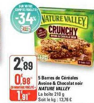 5 barres de céréales avoine & chocolat noir nature valley