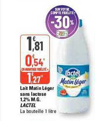 lait matin léger sans lactose 1,2% m.g. lactel