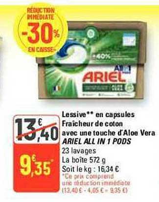 lessive en capsules fraîcheur de coton avec une touche d'aloe vera ariel all in 1 pods