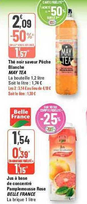 thé noir saveur pêche blanche may tea, jus à base de concentré pamplemousse rose belle france