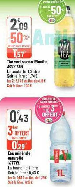 thé vert saveur menthe may tea, eau minérale naturelle vittel