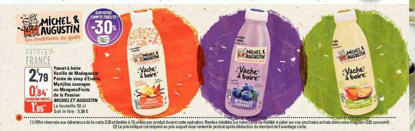 yaourt à boire vanille de madagascar pointe de sirop d'érable, myrtilles sauvages ou mangues-fruits de la passion michel et augustin