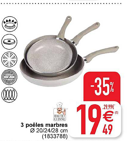 3 poêles marbres 20 24 28 cm